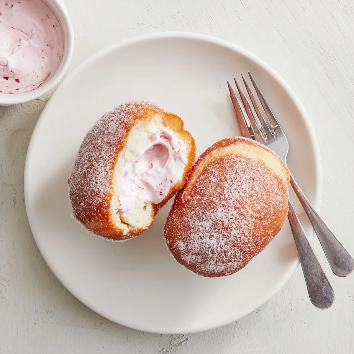 Homemade strawberry cream filled doughnuts sliced open to reveal luscious pink strawberry mascarpone cream filling