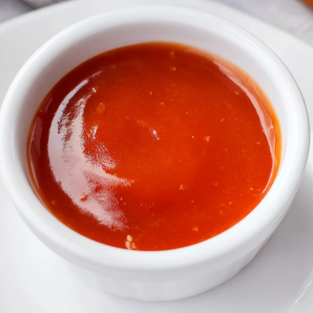 Golden McDonalds sweet and sour sauce in a white dipping bowl with garnish