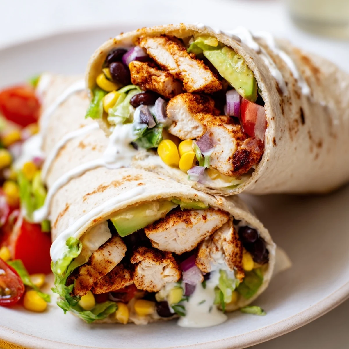 Homemade Southwest chicken wraps filled with seasoned grilled chicken and colorful fresh vegetables
