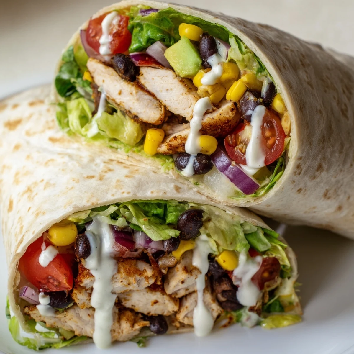 Flour tortilla wraps loaded with spicy chicken strips black beans corn and creamy southwest sauce