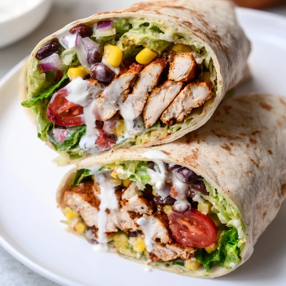Sliced Southwest chicken wraps revealing layers of avocado lettuce tomatoes and zesty seasoned chicken