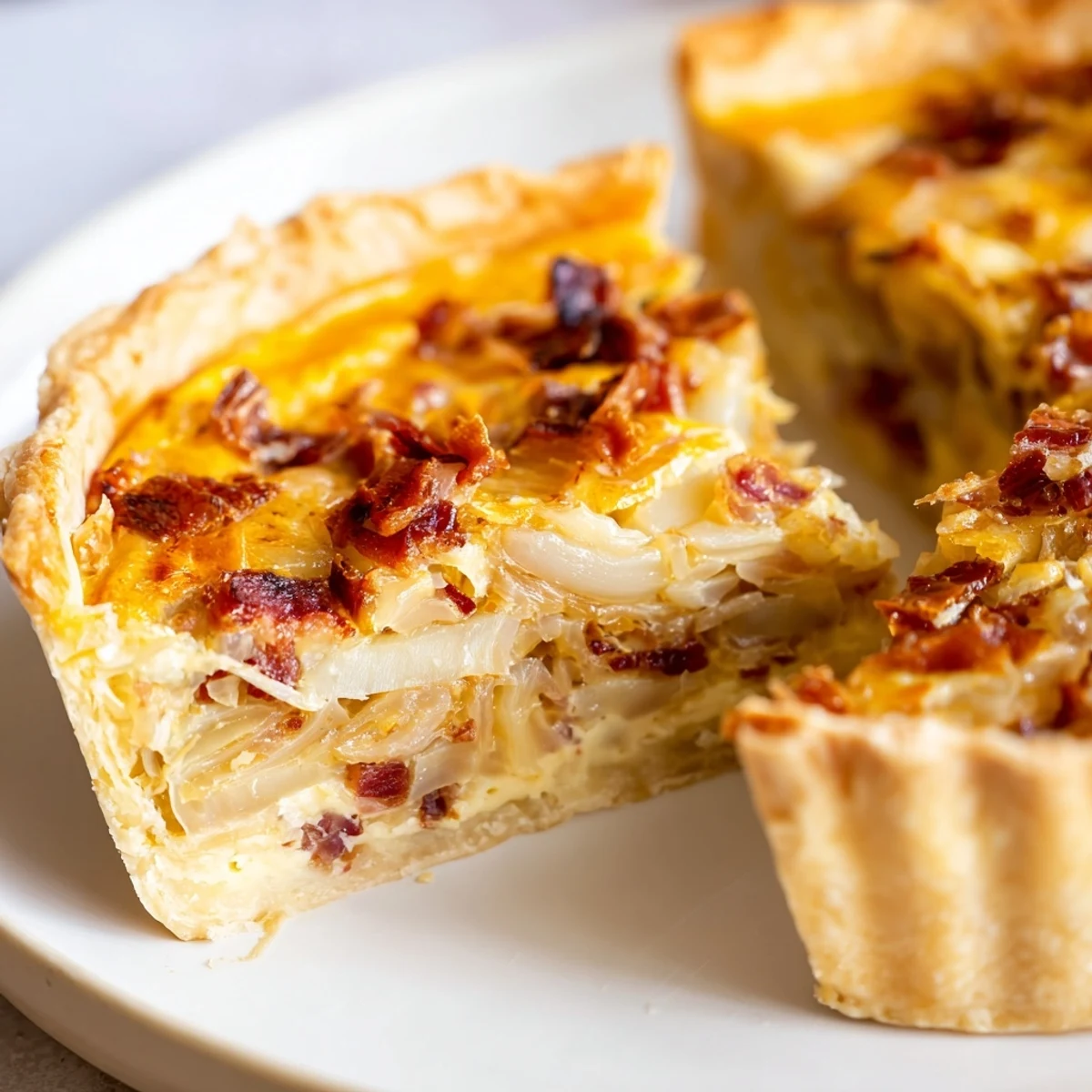 Golden German onion pie with caramelized onions, crispy bacon, and custard on buttery pastry crust