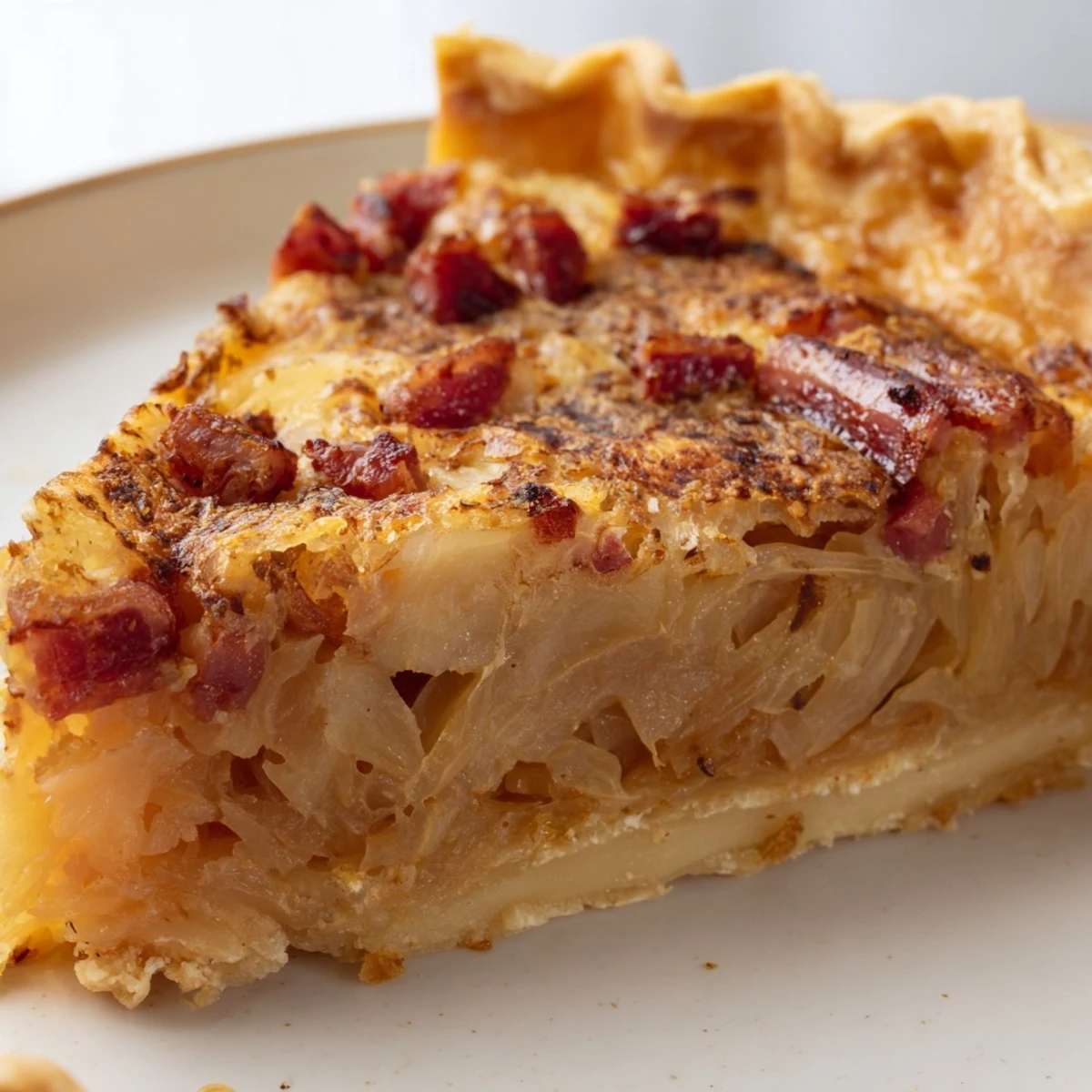Savory German onion pie tart featuring golden onions in creamy egg custard baked until golden brown