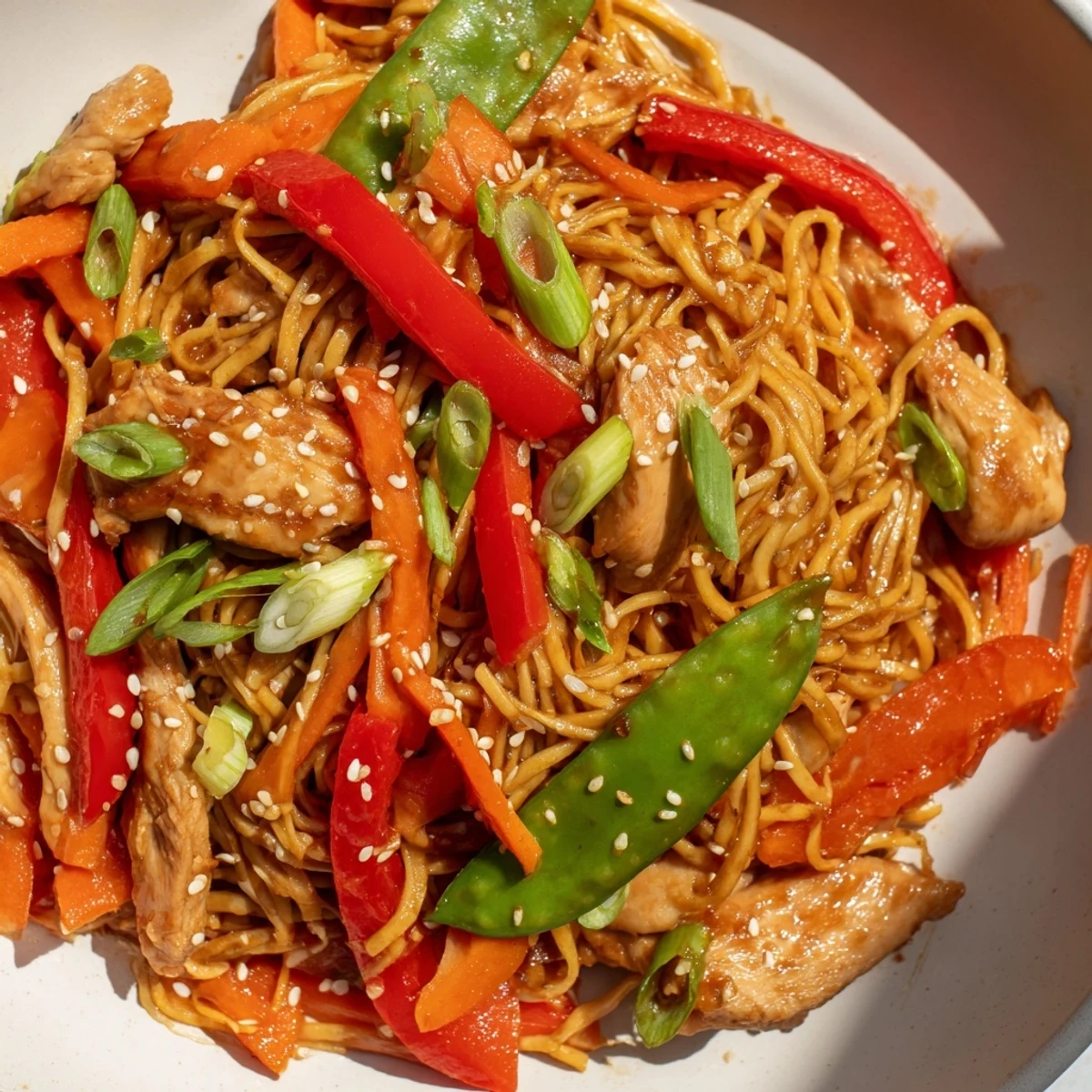 Golden brown chicken pieces and chewy noodles coated in sticky sweet garlic sauce