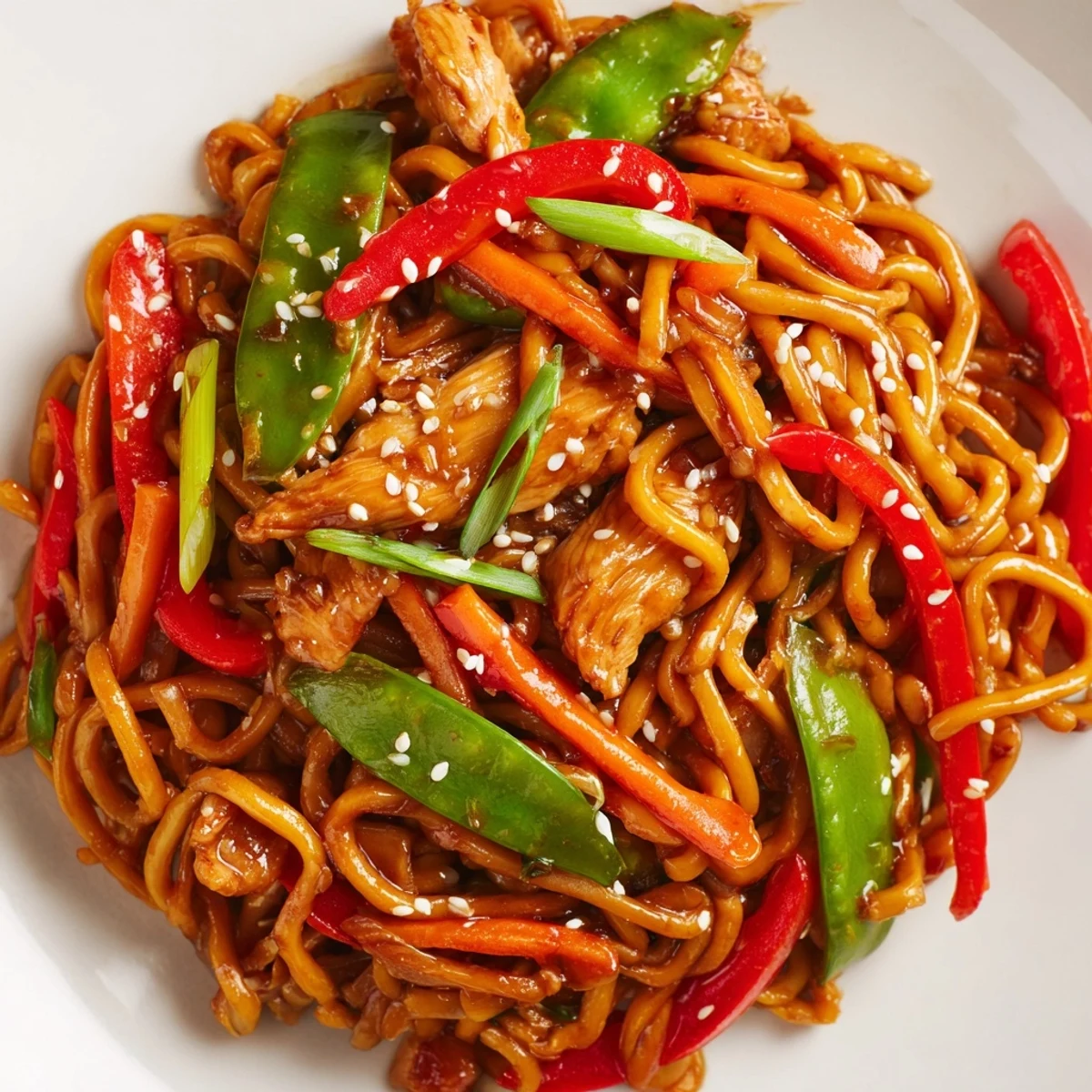 Steaming bowl of sticky garlic chicken noodles garnished with fresh scallions and sesame seeds