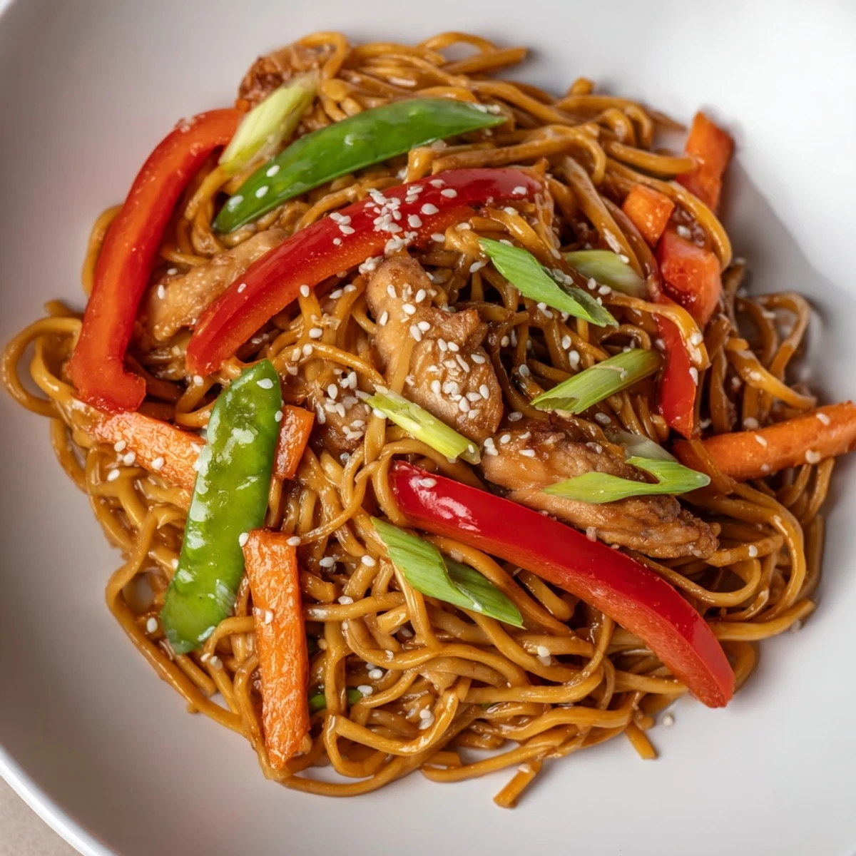 Vibrant vegetable stir-fry tossed with tender chicken and glossy garlic glazed noodles