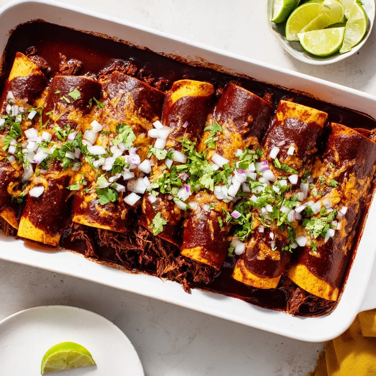 Birria enchiladas featuring tender shredded beef bathed in rich consommé and topped with melted Oaxaca cheese