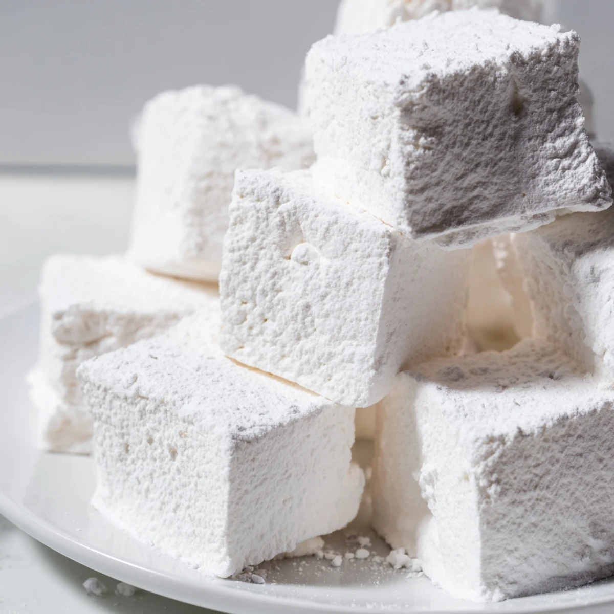 Soft fluffy homemade marshmallows dusted with powdered sugar on a white cutting board