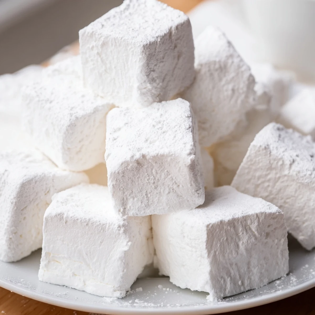 Glossy white marshmallow squares freshly cut and coated in sweet confectioners sugar mixture