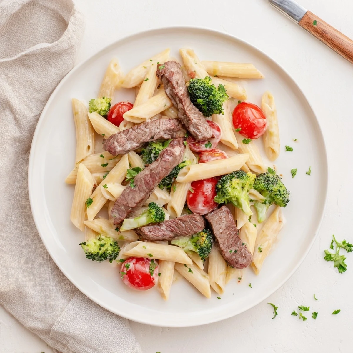Savory Italian-American creamy garlic steak penne dish featuring seared beef, fresh green broccoli, and red cherry tomatoes