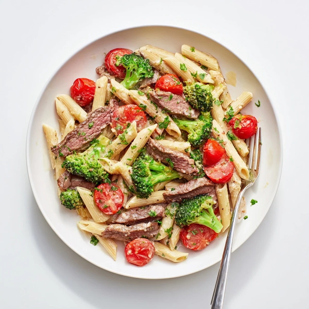 Creamy garlic steak penne pasta with tender beef strips, broccoli florets, and juicy cherry tomatoes in a rich Parmesan sauce