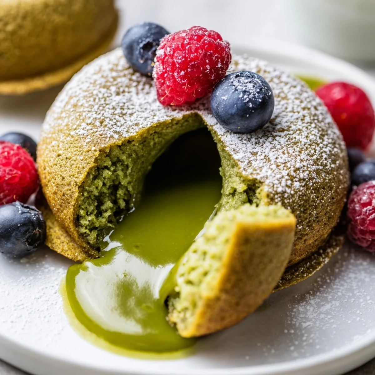 Warm matcha lava cake with flowing green center dusted with powdered sugar on white plate