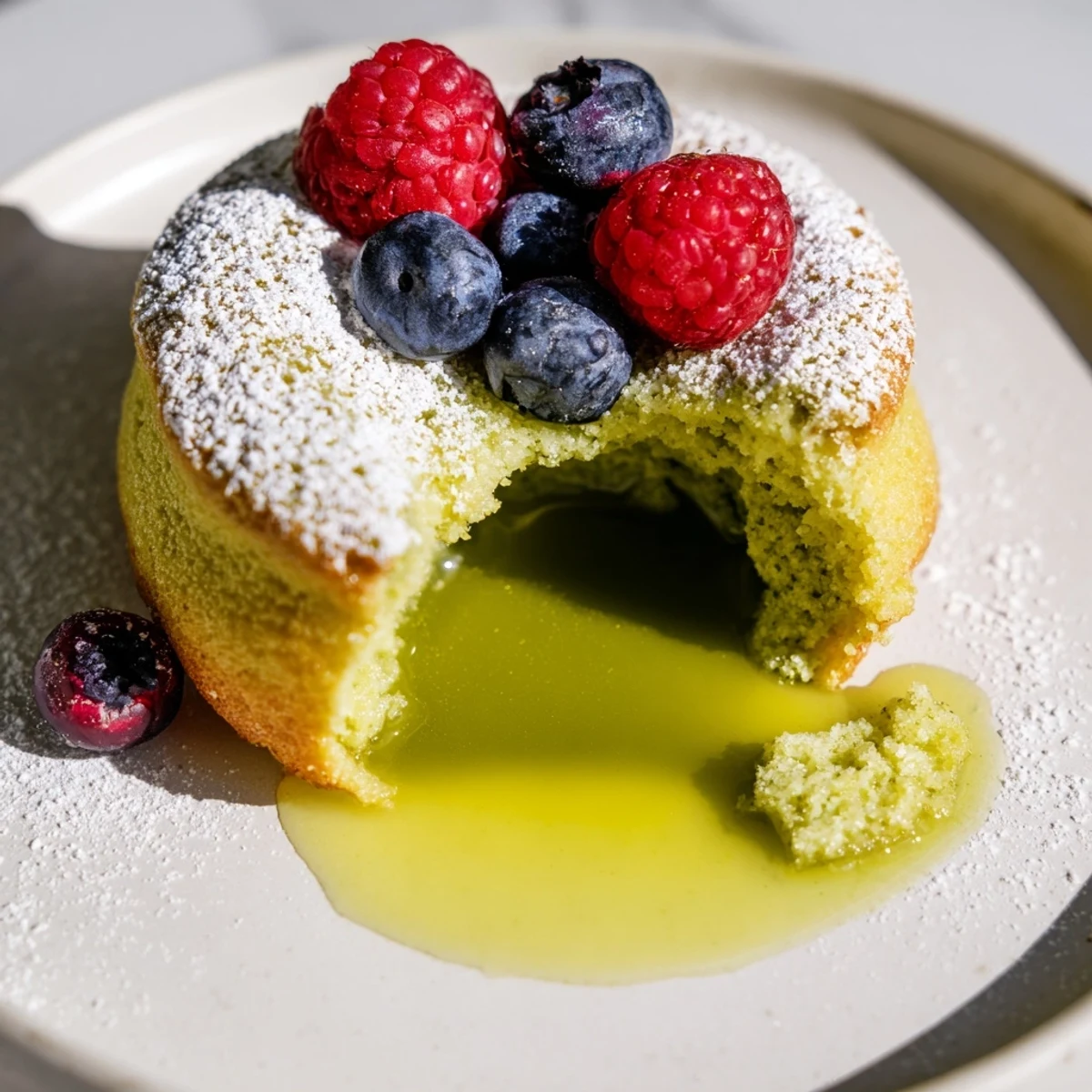 Freshly baked matcha lava cake oozing vibrant green matcha ganache onto serving plate