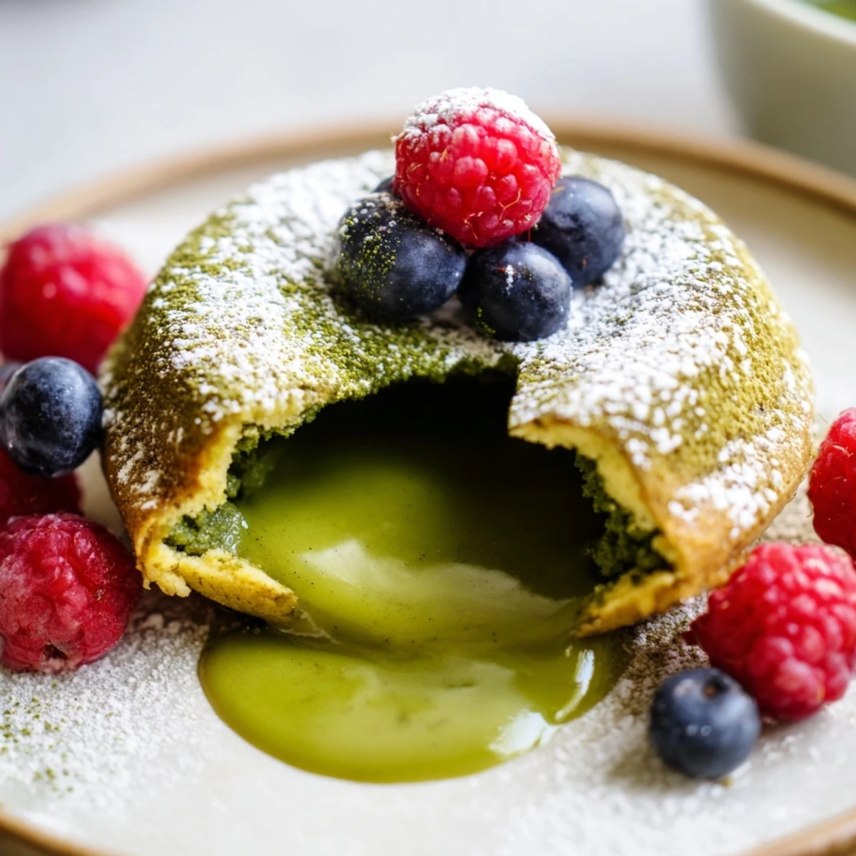 Individual matcha lava cake featuring molten green tea center surrounded by golden sponge