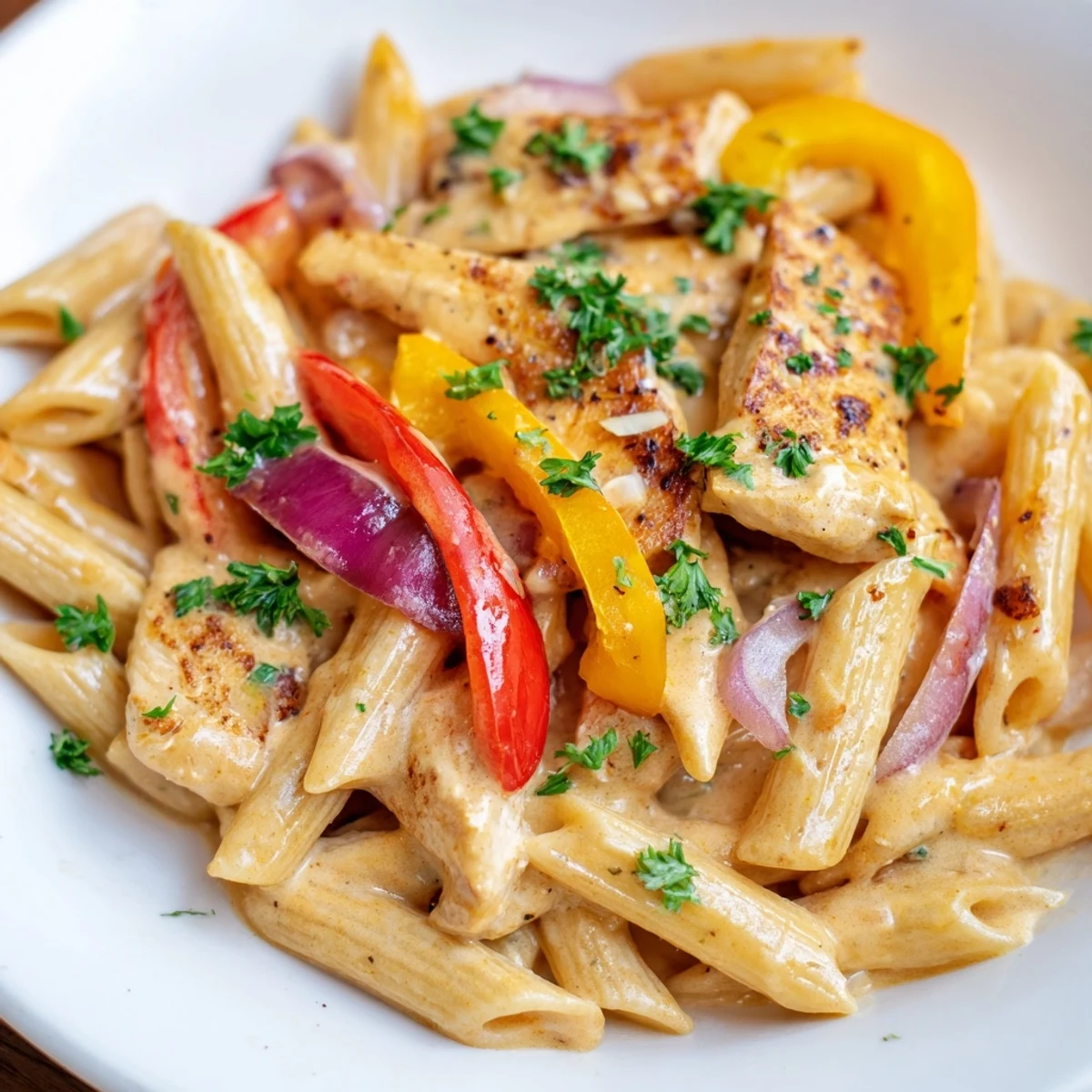 Bowl of creamy Cajun chicken pasta featuring penne coated in thick white cream sauce