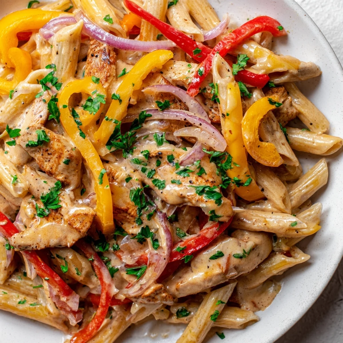 Creamy Cajun Chicken Pasta with tender sliced chicken and colorful bell peppers in rich spicy sauce
