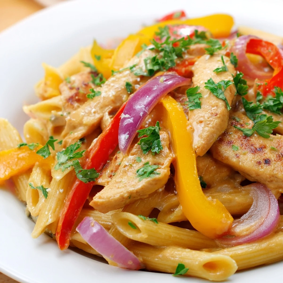 Creamy Cajun Chicken Pasta plated with golden brown chicken strips and red pepper slices garnished with parsley