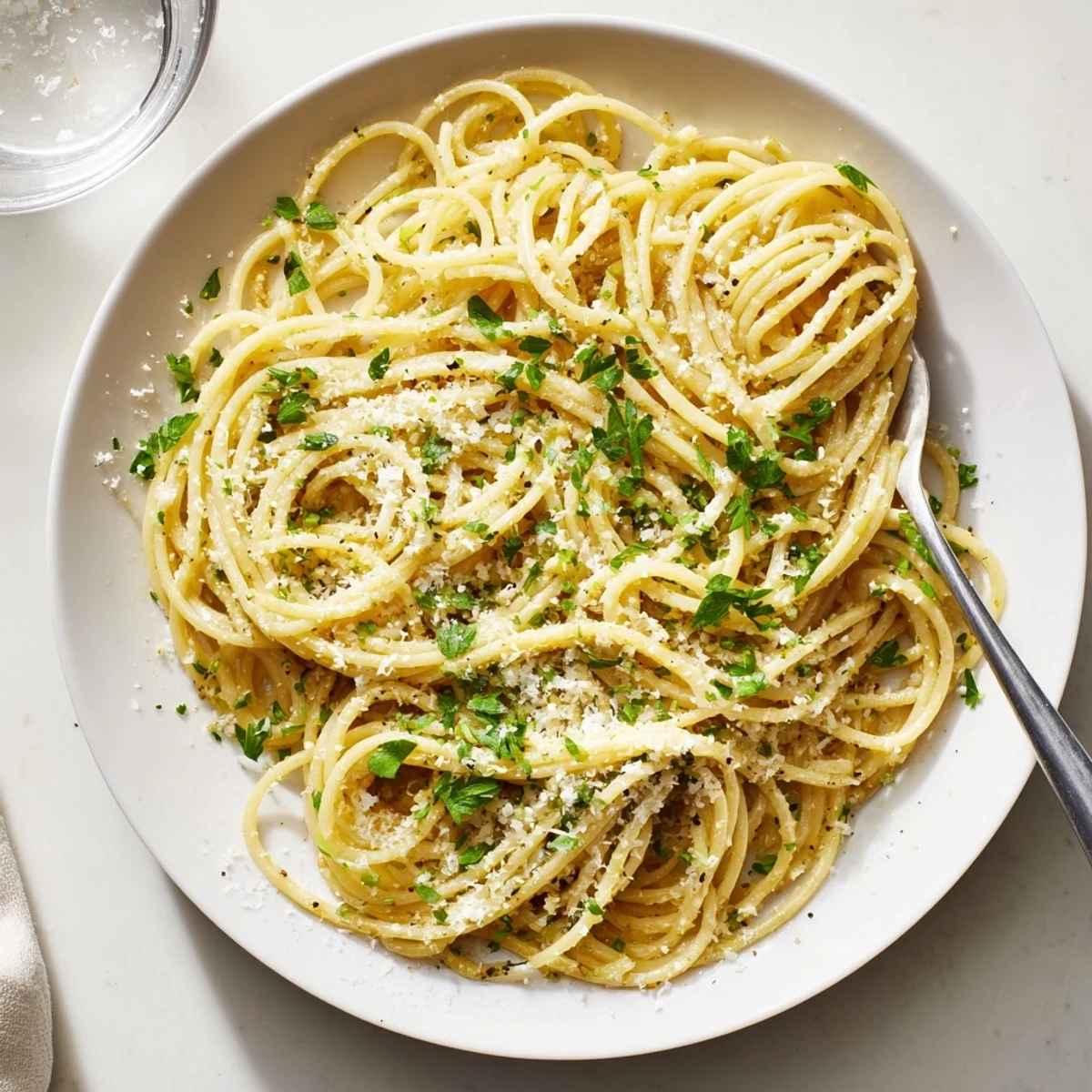 Close-up of garlic butter pasta swimming in savory lemon-garlic sauce with red pepper flakes and parmesan