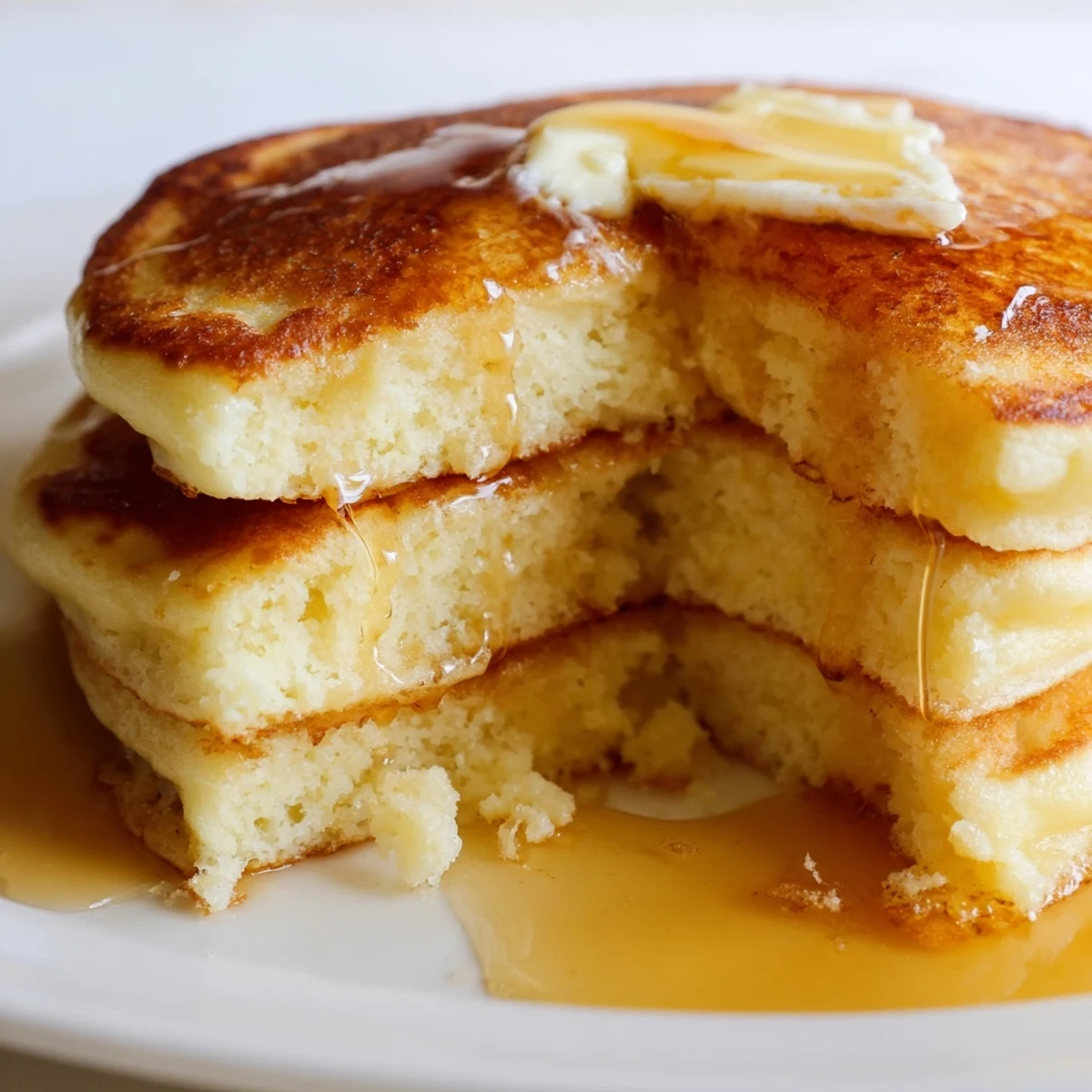 Golden fluffy pancakes stacked high with melting butter and maple syrup