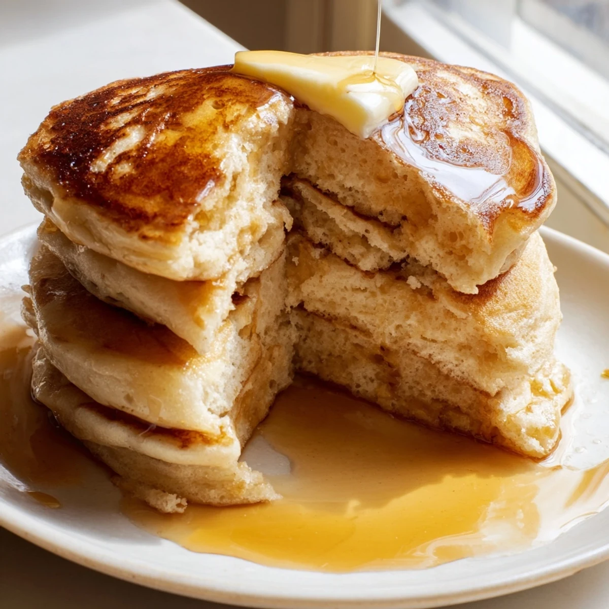 Stack of warm fluffy pancakes drizzled with sweet maple syrup and berries