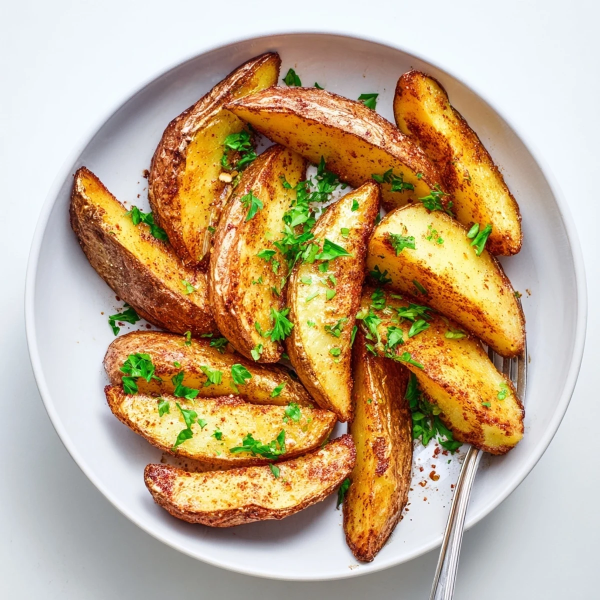 Golden crispy air fryer potato wedges seasoned with paprika and garlic powder on a white serving plate