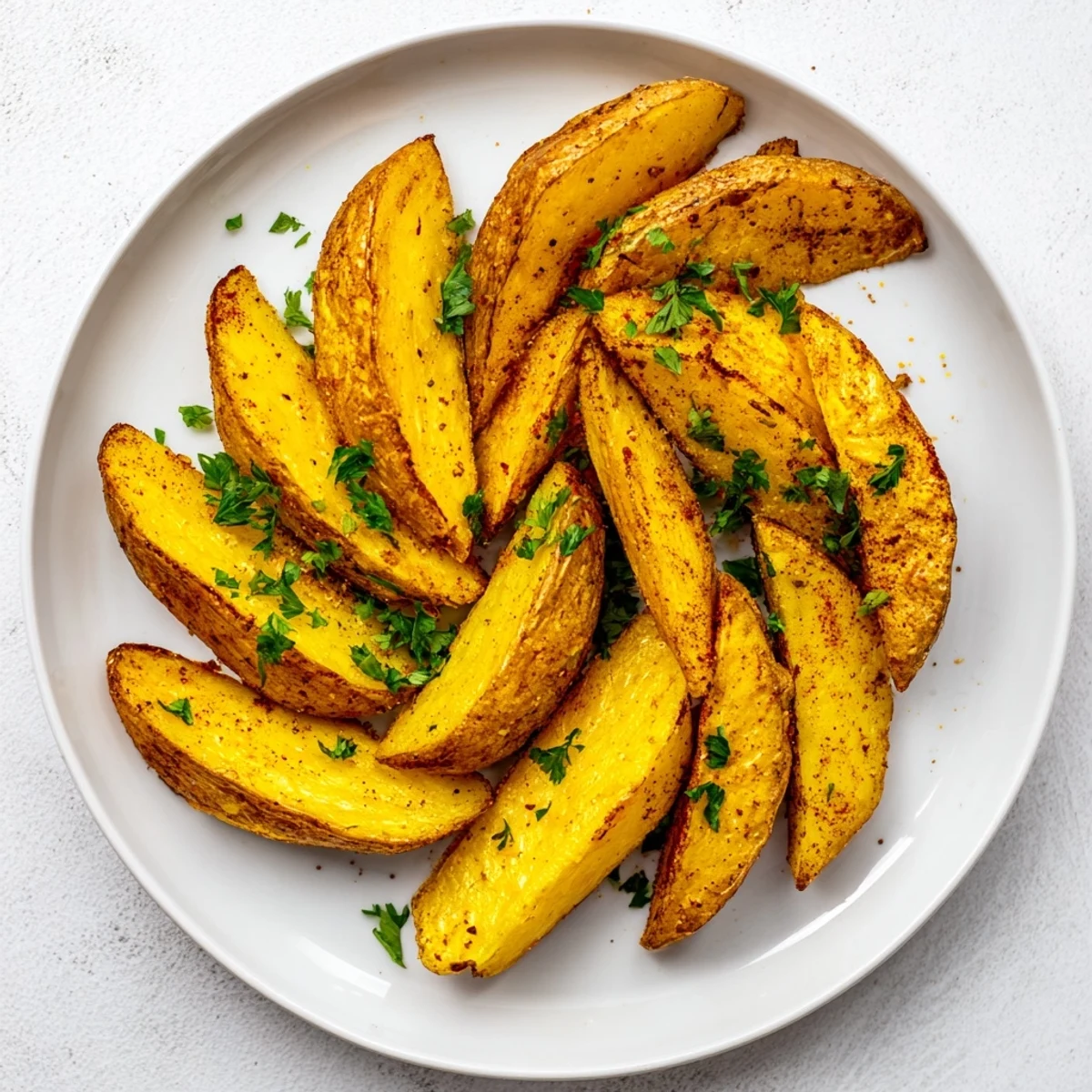 Batch of russet potato wedges arranged in single layer showing golden brown crispy edges and spices