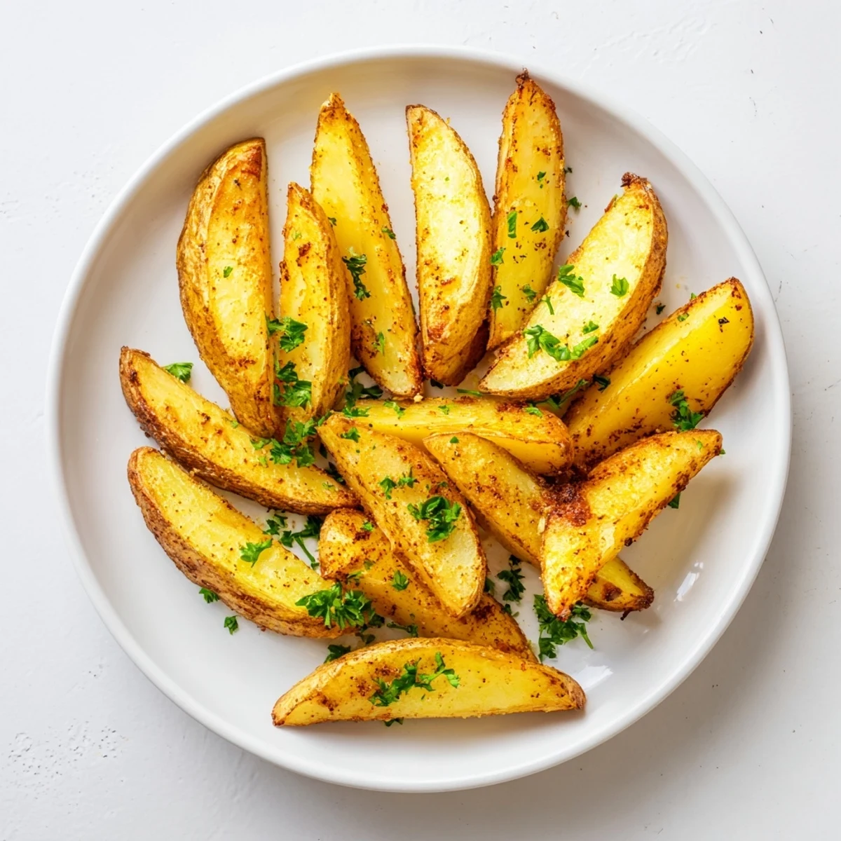 Fluffy inside potato wedges air fried to perfection with olive oil and fresh parsley garnish