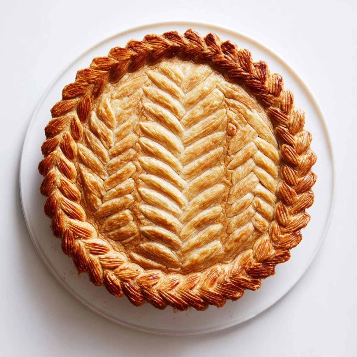 Golden brown fishtail braid pie crust with intricate woven pattern bordering a flaky pastry