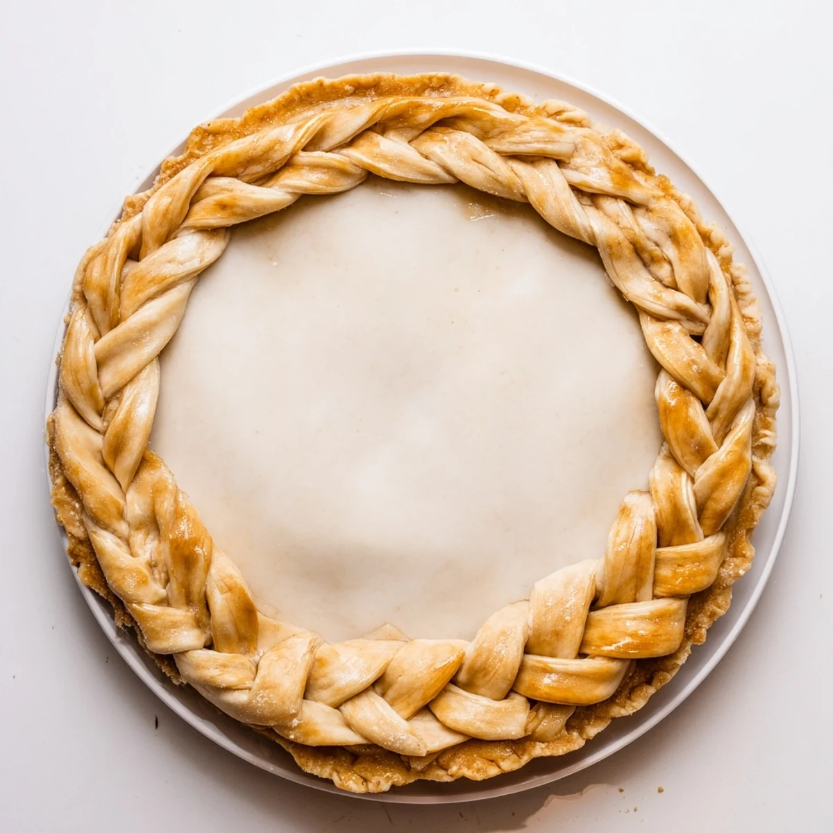 Decorative woven fishtail braid crust edge adorns a homemade golden pastry ready for baking