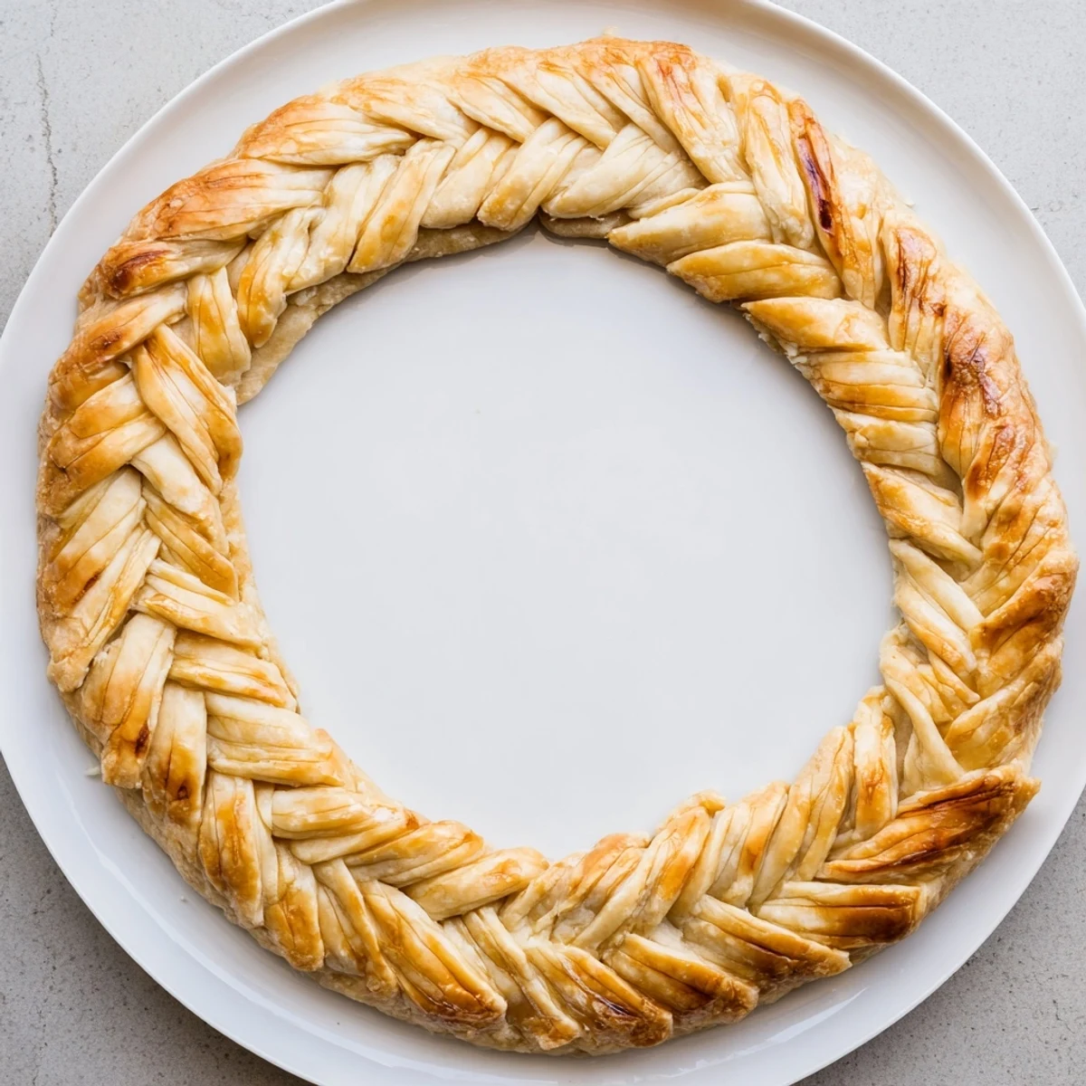 Hand-braided pie crust featuring elegant fishtail design brushed with egg wash for glossy finish