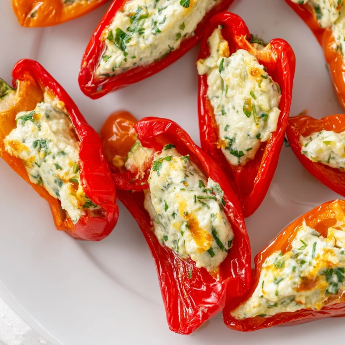 Golden roasted mini peppers mounded with creamy herbed goat cheese filling on a white serving platter