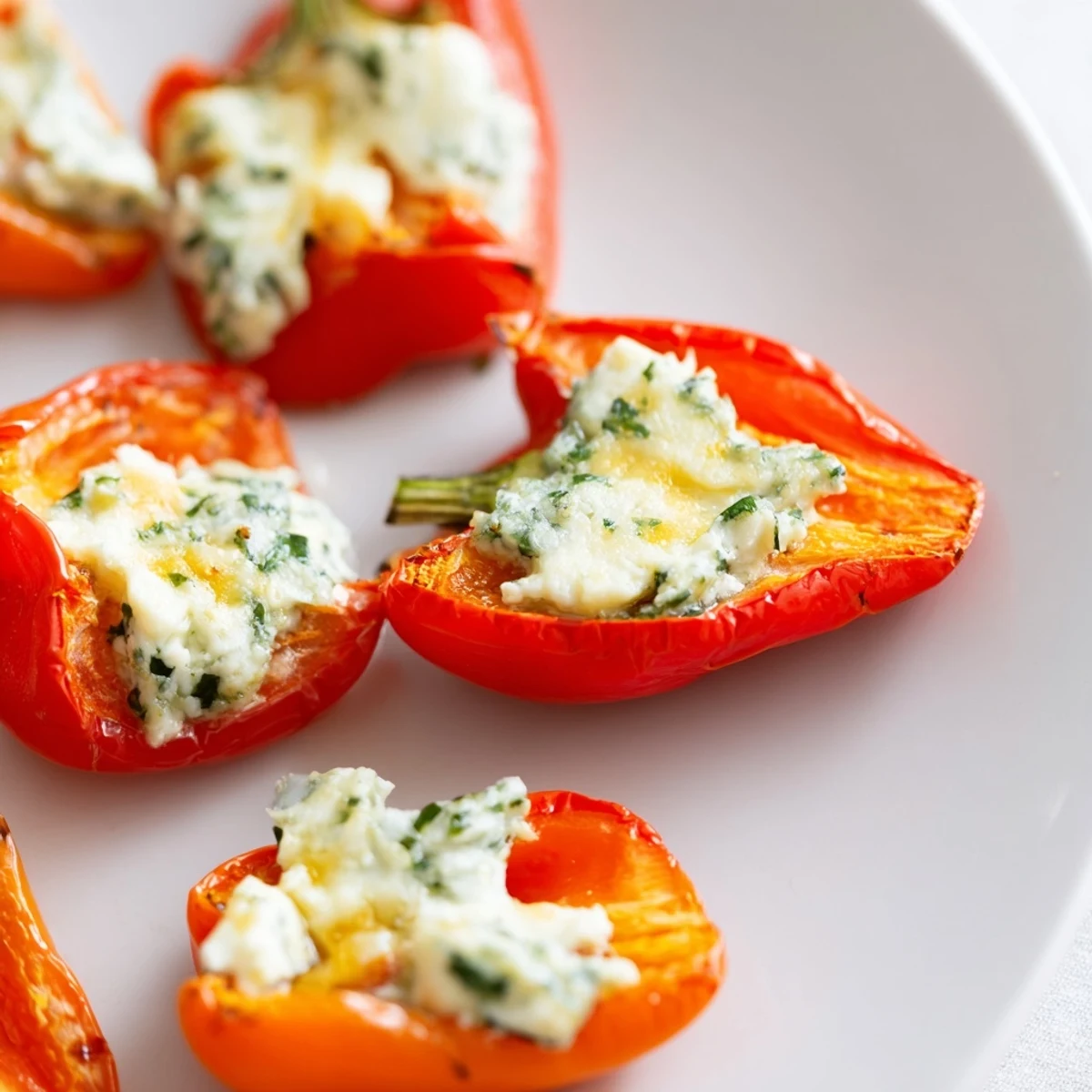 Colorful roasted goat cheese stuffed mini peppers arranged on a baking sheet with fresh green herbs