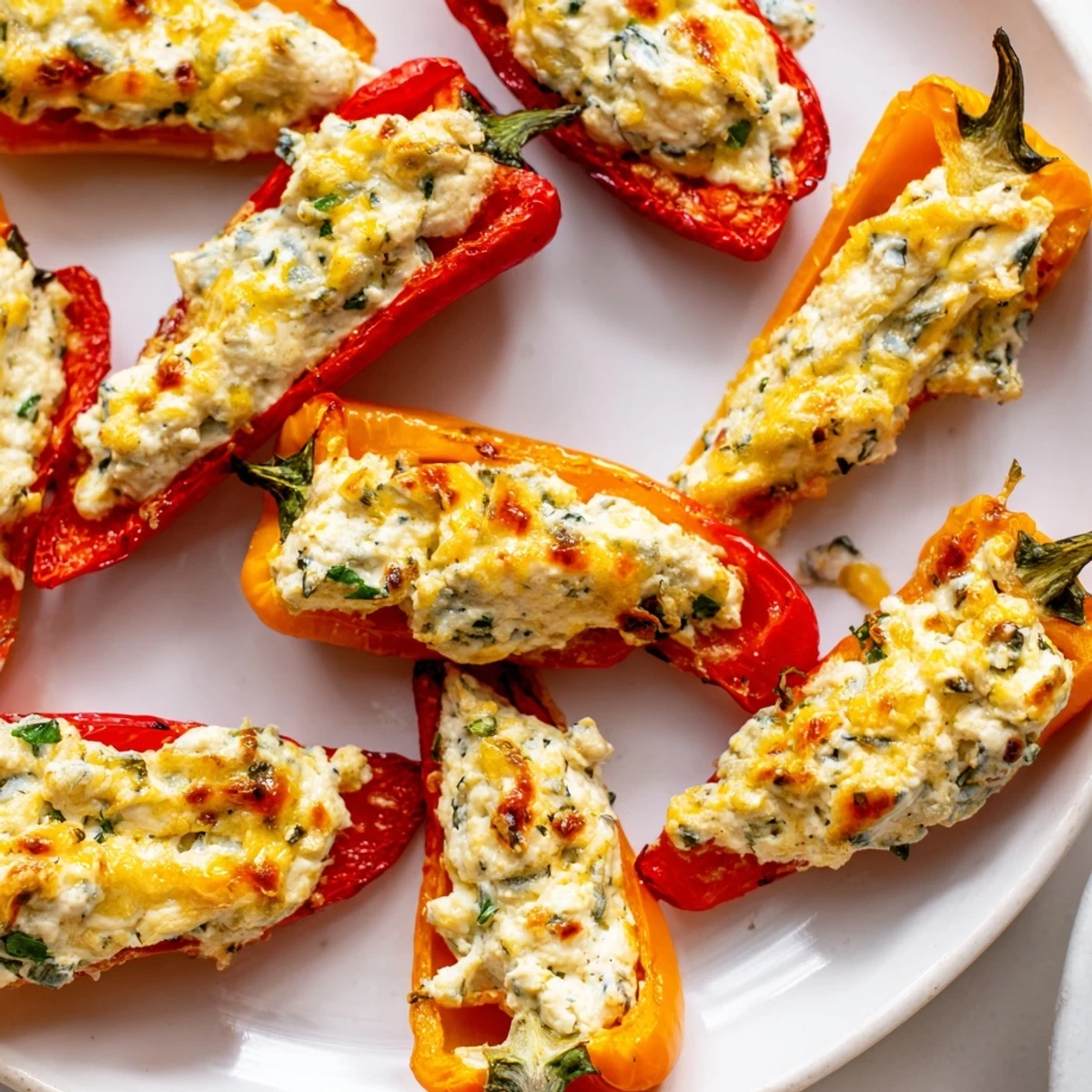 Mediterranean appetizer of tender sweet pepper halves filled with tangy goat cheese and sprinkled with parsley