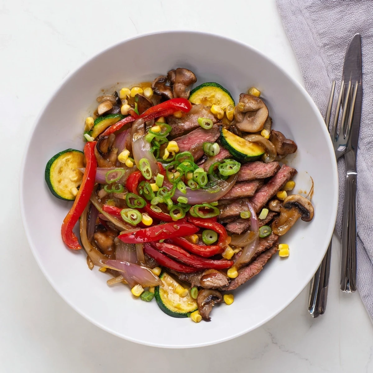 Golden seared beef and colorful vegetables sizzling on a Blackstone griddle for this hearty cowboy stir fry