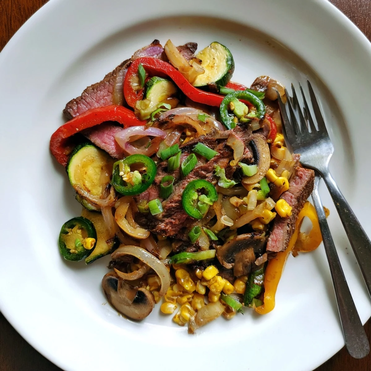 Rustic Blackstone cowboy stir fry loaded with smoky flank steak, crisp peppers, onions, and sweet corn kernels