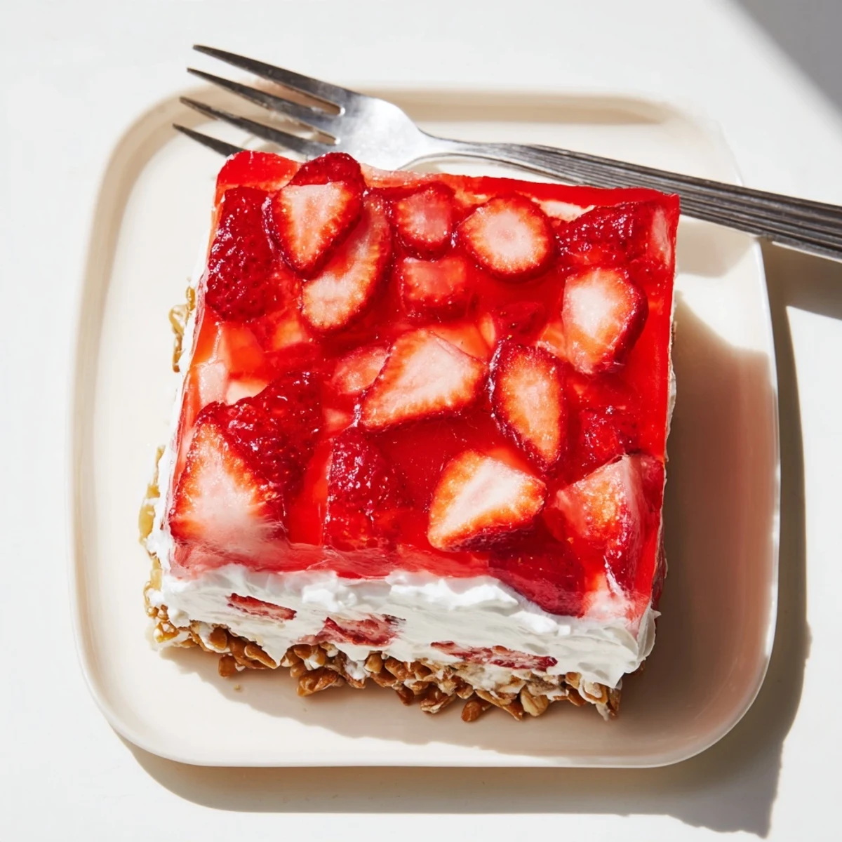 Fresh sliced strawberries float atop wobbly strawberry gelatin layer covering smooth cream cheese filling in this strawberry crackle salad
