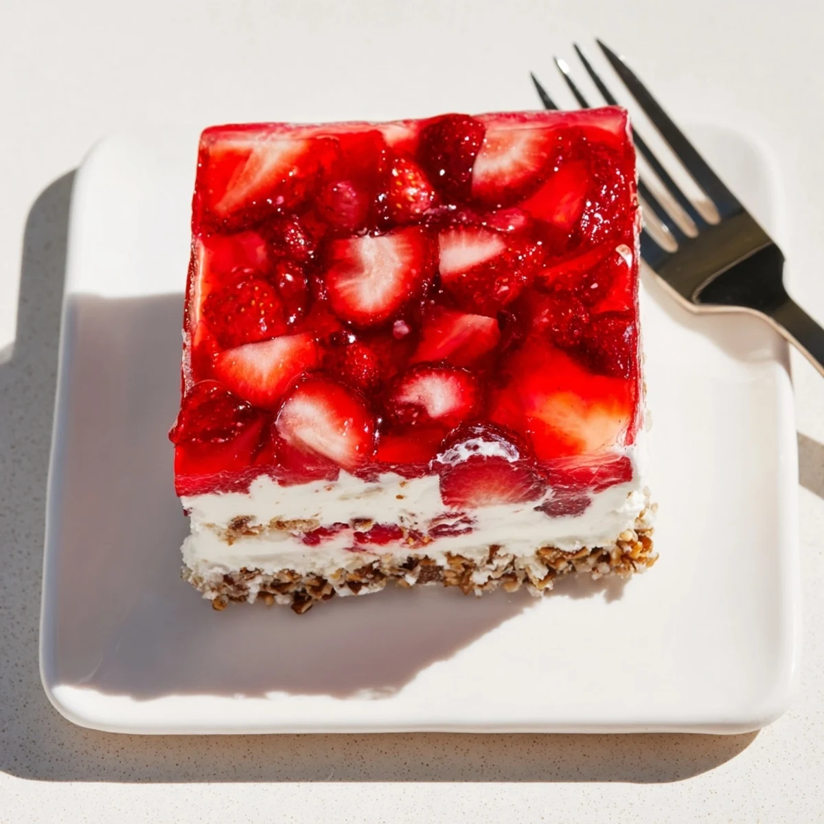 Golden pretzel crust layered with creamy cheesecake and bright strawberry gelatin in a glass serving dish