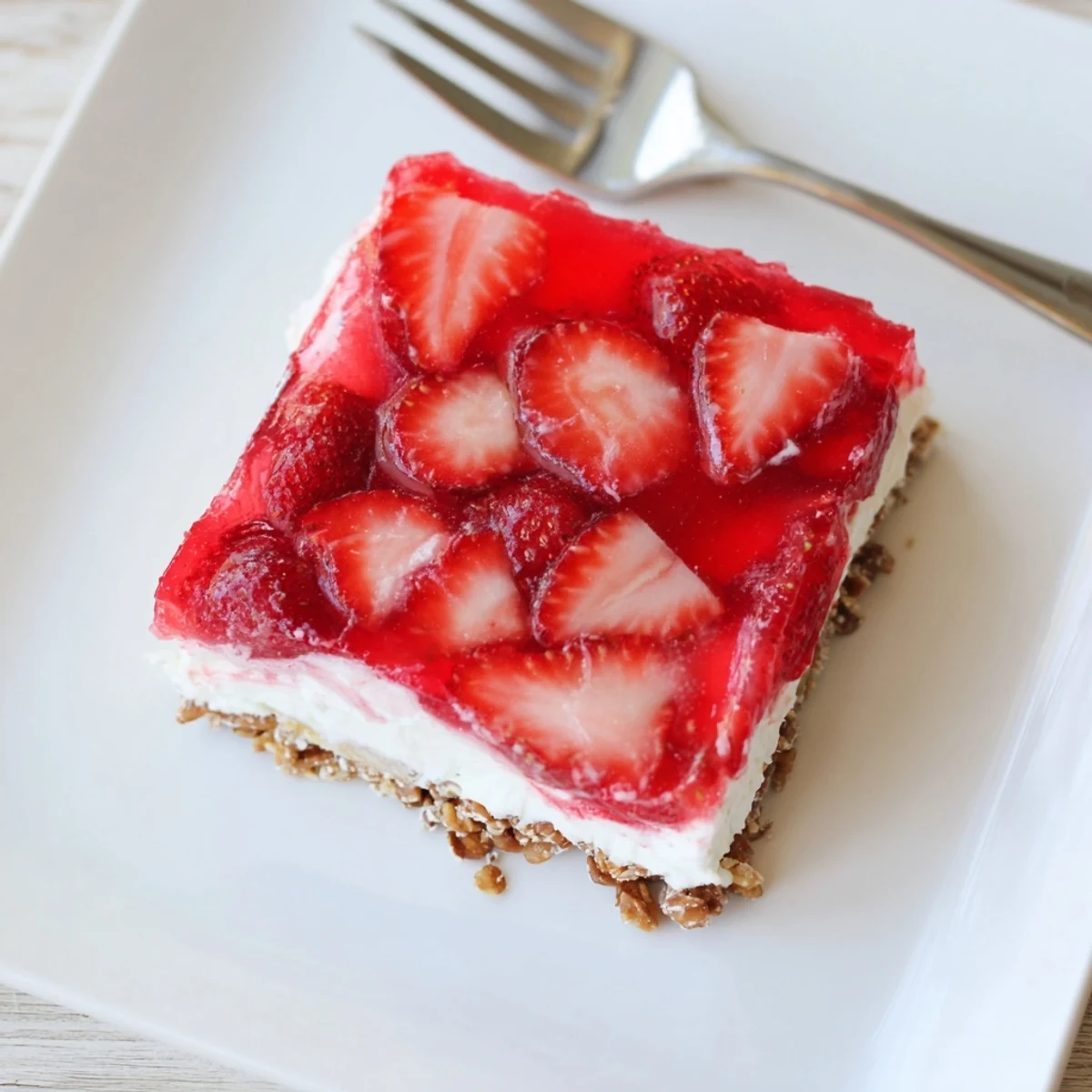 Chilled strawberry crackle salad squares showing pretzel base, white creamy middle, and red fruit topping on white plate