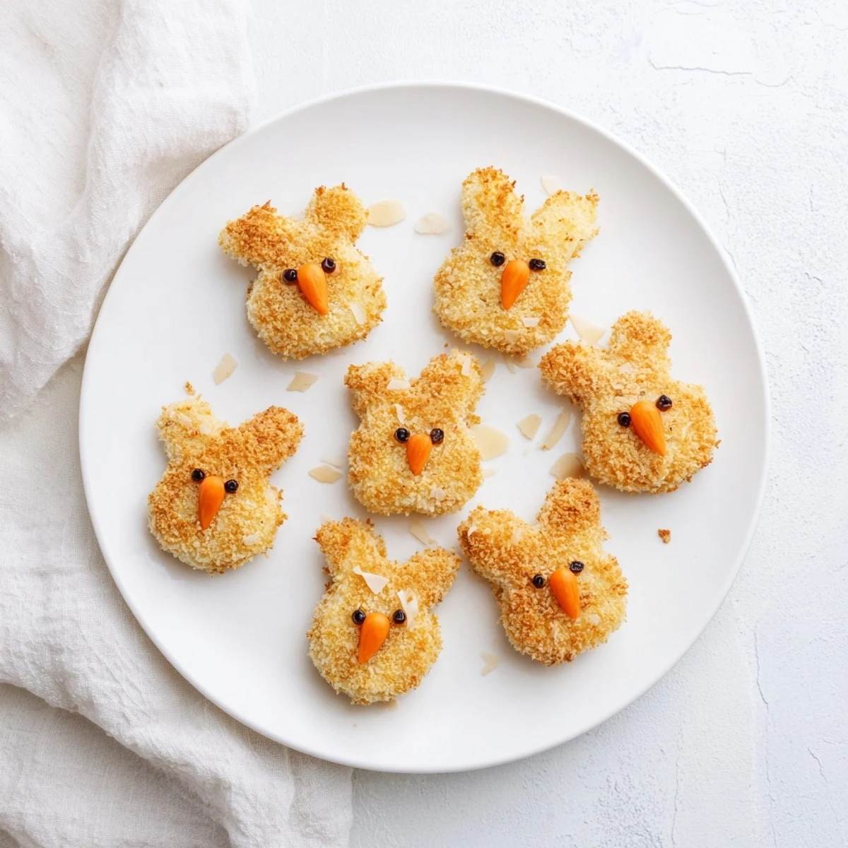 Crispy fried Easter Bunny potato croquettes shaped like adorable bunnies with carrot noses and almond ears