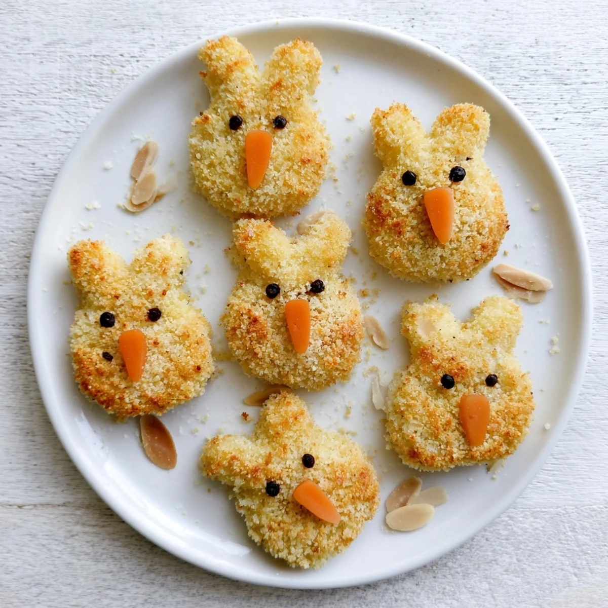 Golden Easter Bunny potato croquettes with almond ears and peppercorn eyes arranged on white plate