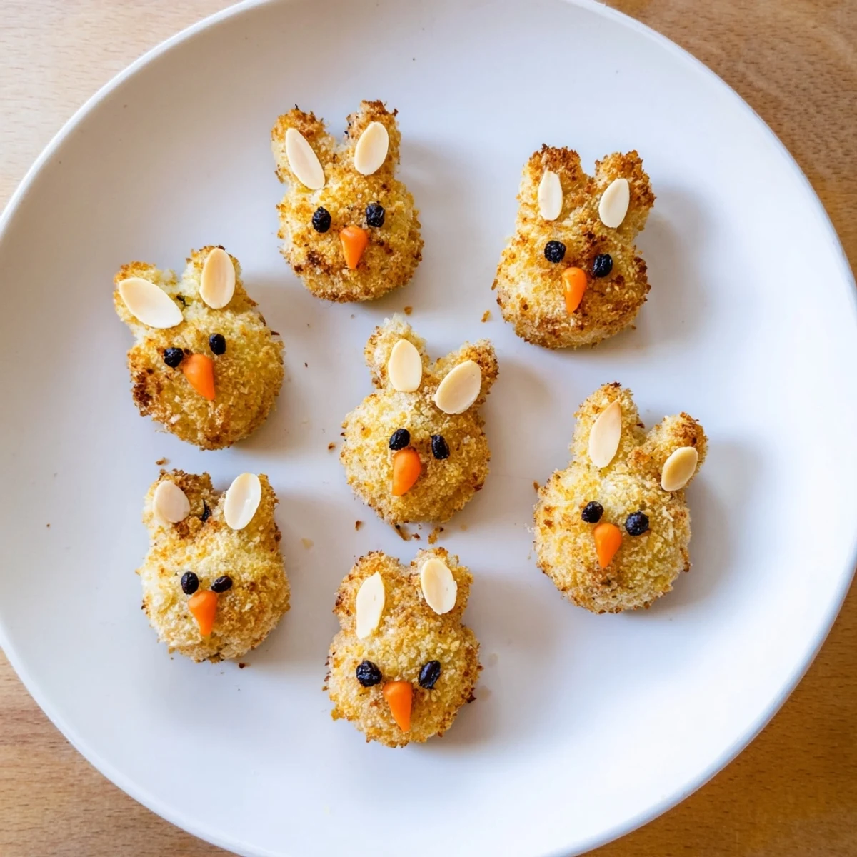 Plate of golden brown Easter Bunny potato croquettes decorated with peppercorn eyes and carrot noses ready to serve