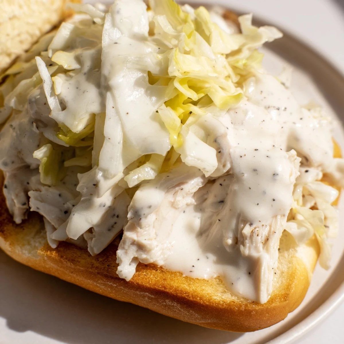 Golden Alabama BBQ Chicken Chopped Sandwich piled high with tangy white sauce and crisp slaw on a toasted bun