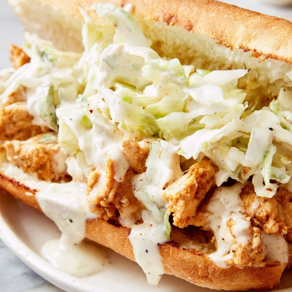 Tender smoked chicken tossed in creamy Alabama white BBQ sauce, topped with crunchy cabbage slaw on warm sandwich bun