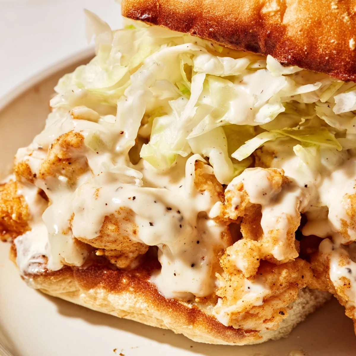 Hearty chopped BBQ chicken sandwich featuring Alabama white sauce, fresh coleslaw, and juicy chicken pieces on a buttered roll
