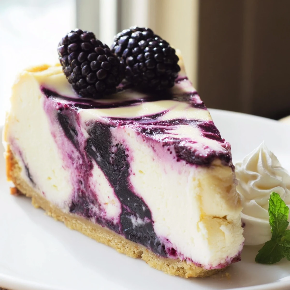 Slice of velvety blackberry bliss cheesecake topped with fresh berries and mint garnish