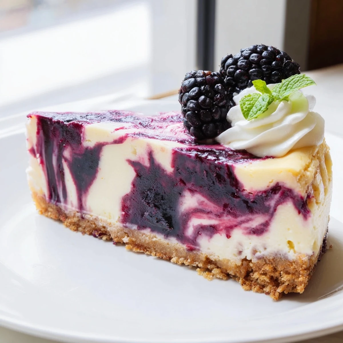 Creamy blackberry bliss cheesecake with marbled purple swirls on golden graham cracker crust