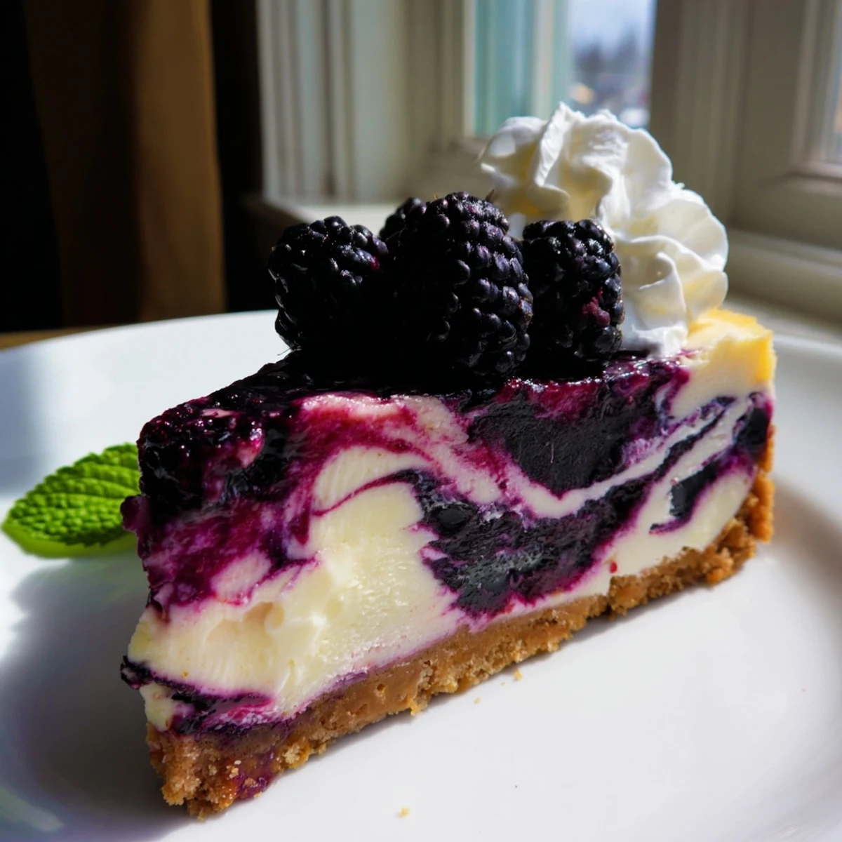 Homemade blackberry bliss cheesecake featuring tangy fruit compote swirled through rich filling