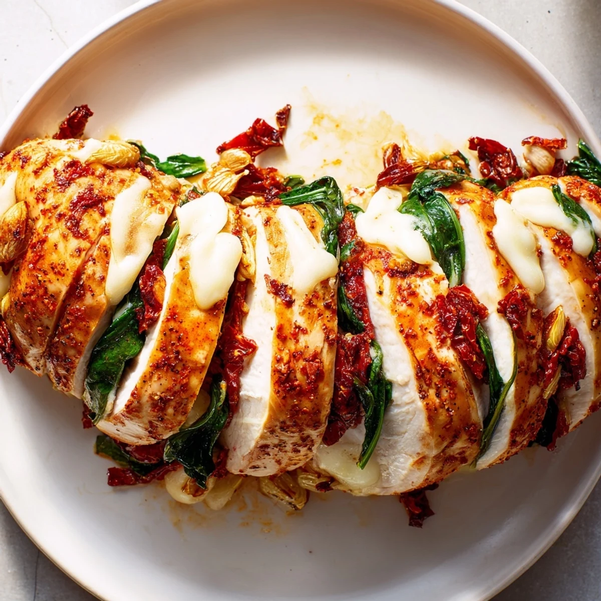 Golden brown Hasselback chicken with melted mozzarella, spinach, and sun-dried tomatoes bubbling between slices