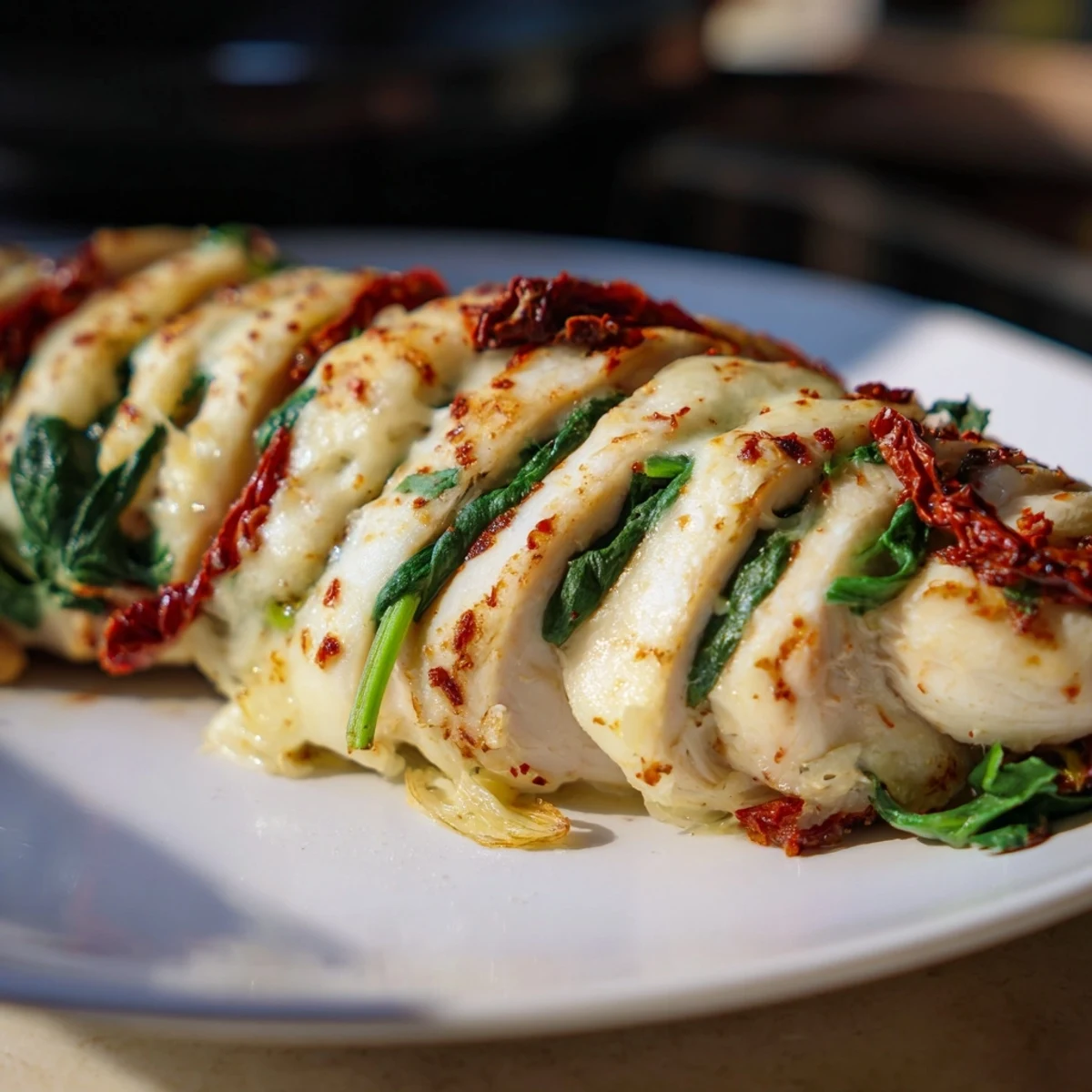Baked Hasselback chicken with accordion cuts revealing gooey mozzarella, spinach, and savory tomato stuffing