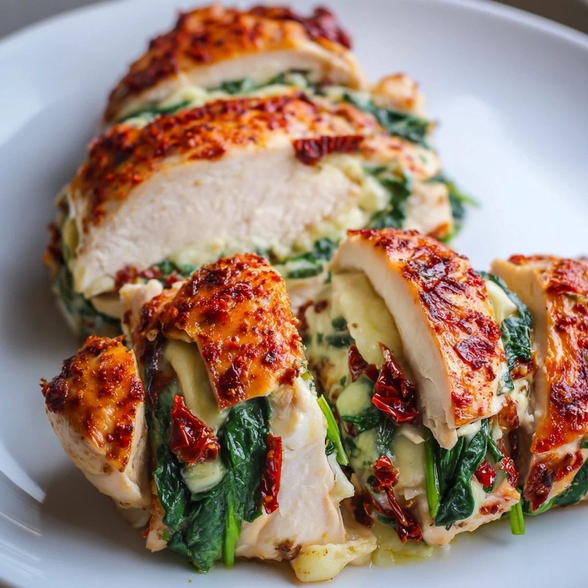 Tender stuffed Hasselback chicken breast featuring layered spinach, cheese, and sundried tomato filling on a white plate
